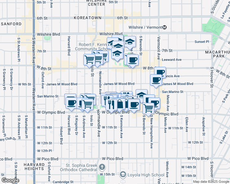 map of restaurants, bars, coffee shops, grocery stores, and more near 927 Fedora Street in Los Angeles