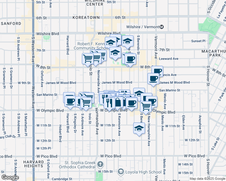 map of restaurants, bars, coffee shops, grocery stores, and more near 927 Fedora Street in Los Angeles