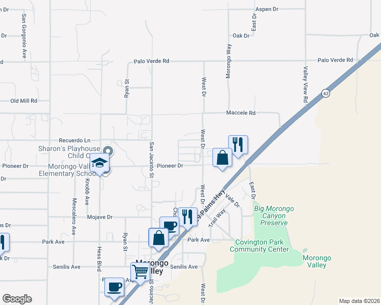 map of restaurants, bars, coffee shops, grocery stores, and more near 10888 West Drive in Morongo Valley