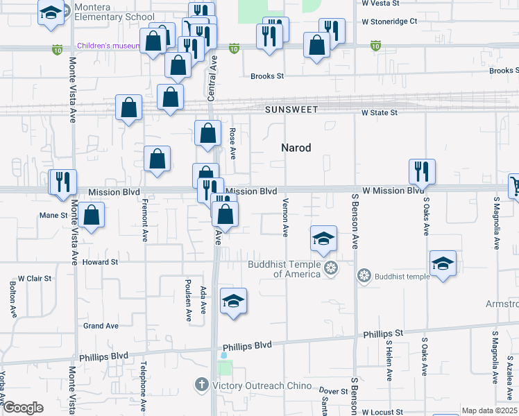 map of restaurants, bars, coffee shops, grocery stores, and more near 10974 Gala Lane in Ontario