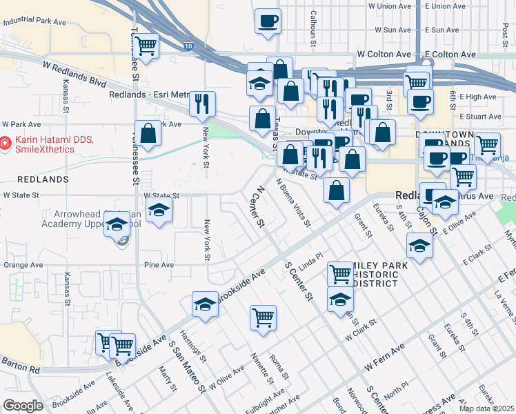 map of restaurants, bars, coffee shops, grocery stores, and more near 90 North Center Street in Redlands