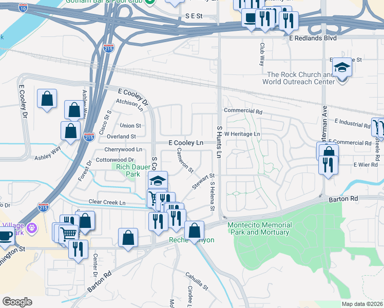 map of restaurants, bars, coffee shops, grocery stores, and more near 2136 East Colunga Street in Colton