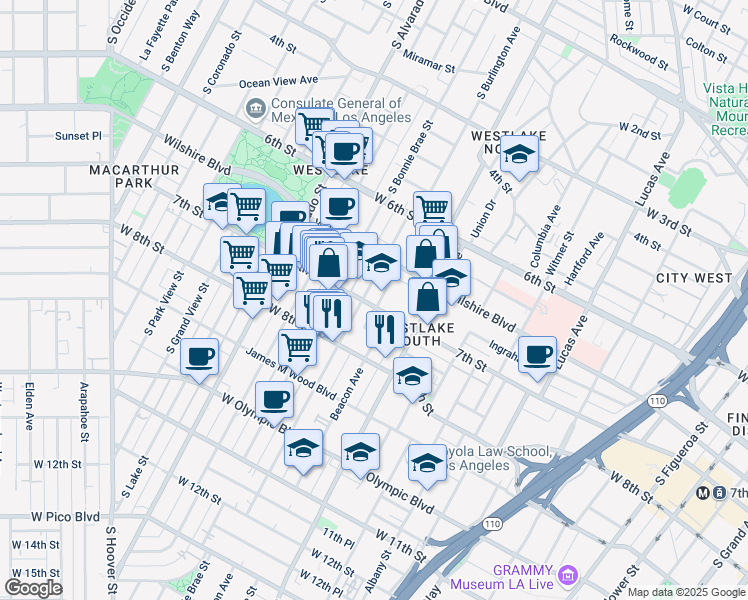 map of restaurants, bars, coffee shops, grocery stores, and more near 714 South Burlington Avenue in Los Angeles