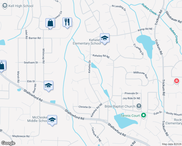 map of restaurants, bars, coffee shops, grocery stores, and more near 1850 Thomas Drive in Marietta