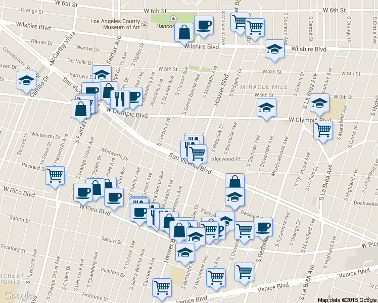 map of restaurants, bars, coffee shops, grocery stores, and more near 1129 Carmona Avenue in Los Angeles