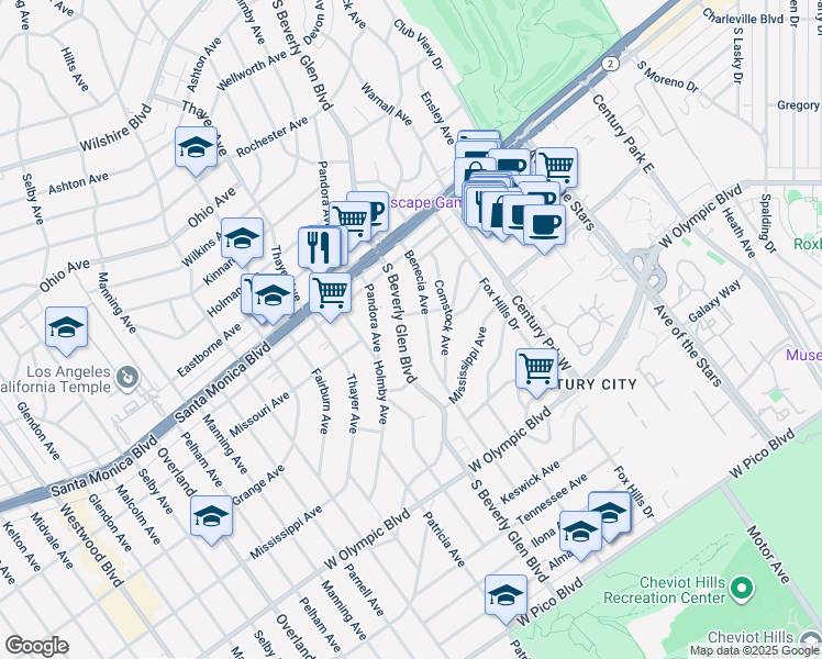 map of restaurants, bars, coffee shops, grocery stores, and more near 1920 South Beverly Glen Boulevard in Los Angeles