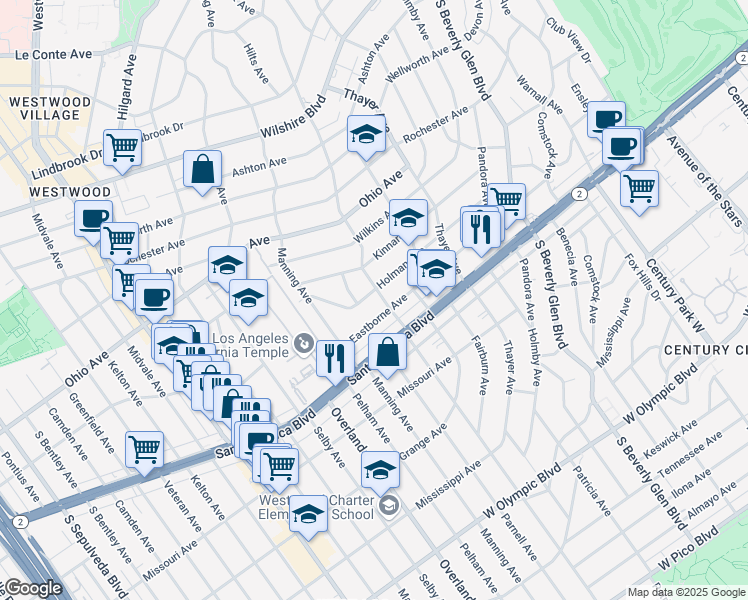 map of restaurants, bars, coffee shops, grocery stores, and more near 10600 Holman Avenue in Los Angeles