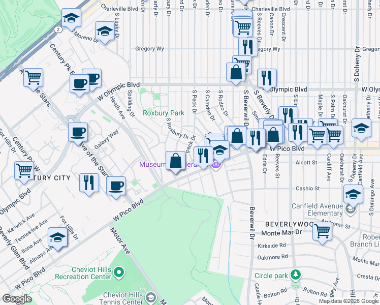 map of restaurants, bars, coffee shops, grocery stores, and more near 1239 Peck Drive in Los Angeles