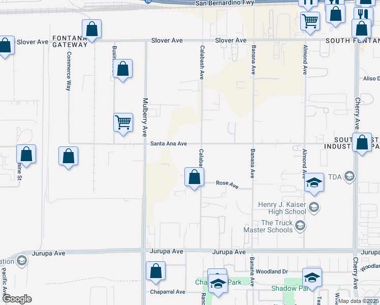 map of restaurants, bars, coffee shops, grocery stores, and more near 13851 Santa Ana Avenue in Fontana