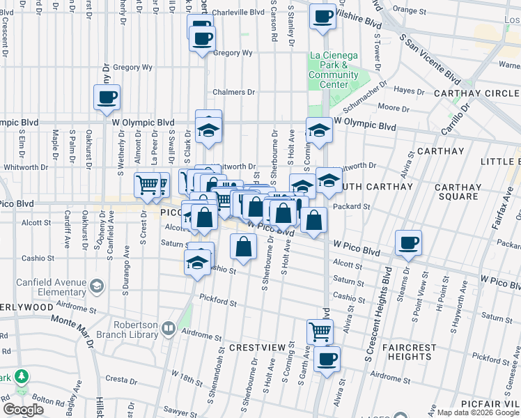 map of restaurants, bars, coffee shops, grocery stores, and more near 1226 South Bedford Street in Los Angeles