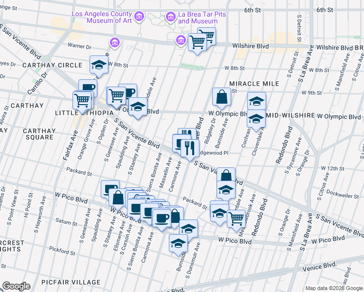 map of restaurants, bars, coffee shops, grocery stores, and more near 1129 Carmona Avenue in Los Angeles