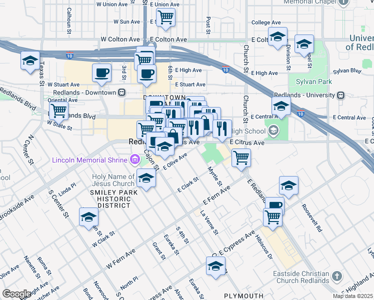 map of restaurants, bars, coffee shops, grocery stores, and more near 214 East Olive Avenue in Redlands