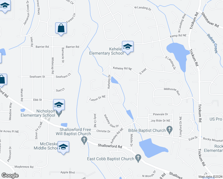 map of restaurants, bars, coffee shops, grocery stores, and more near 4281 Keheley Lake Drive in Marietta