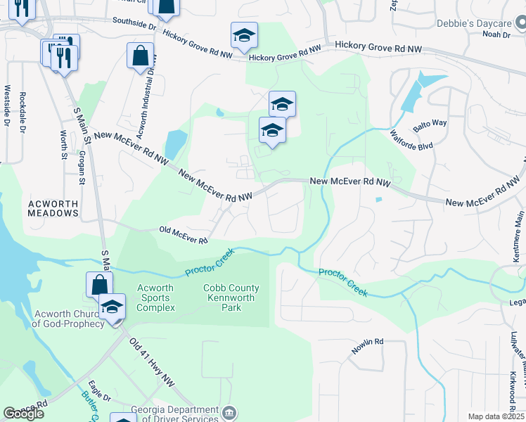 map of restaurants, bars, coffee shops, grocery stores, and more near 4191 Elderberry Drive in Acworth