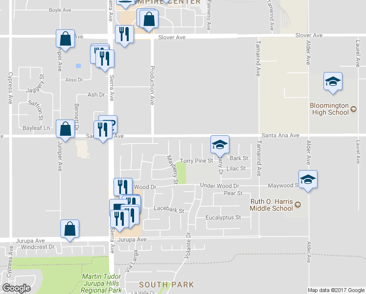 map of restaurants, bars, coffee shops, grocery stores, and more near 10939 Hardy Pecan Court in Fontana