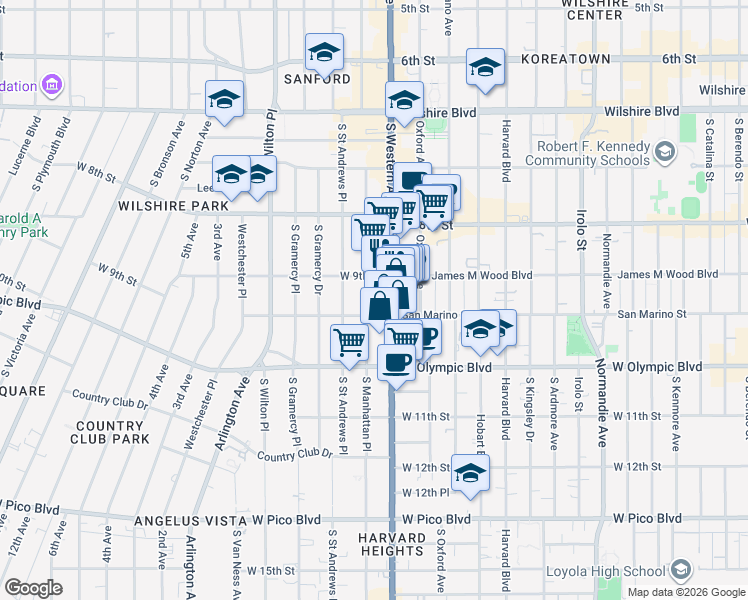 map of restaurants, bars, coffee shops, grocery stores, and more near 926 South Manhattan Place in Los Angeles