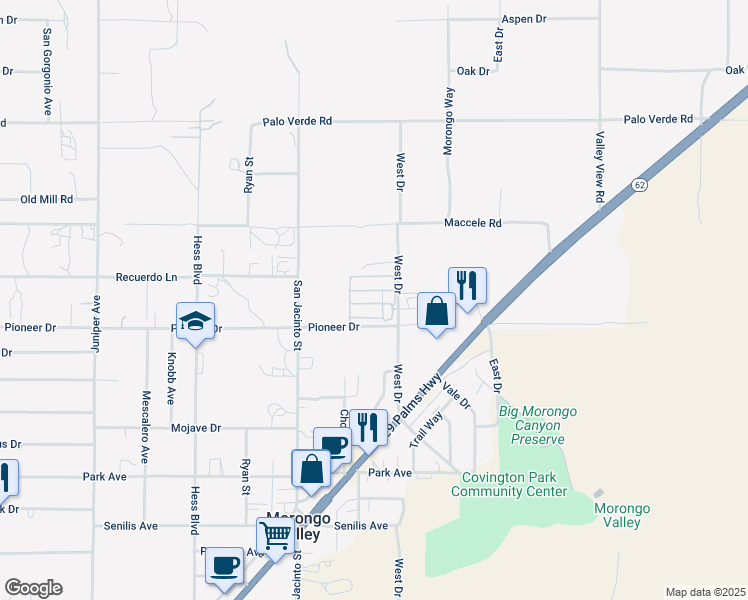 map of restaurants, bars, coffee shops, grocery stores, and more near 10888 West Drive in Morongo Valley
