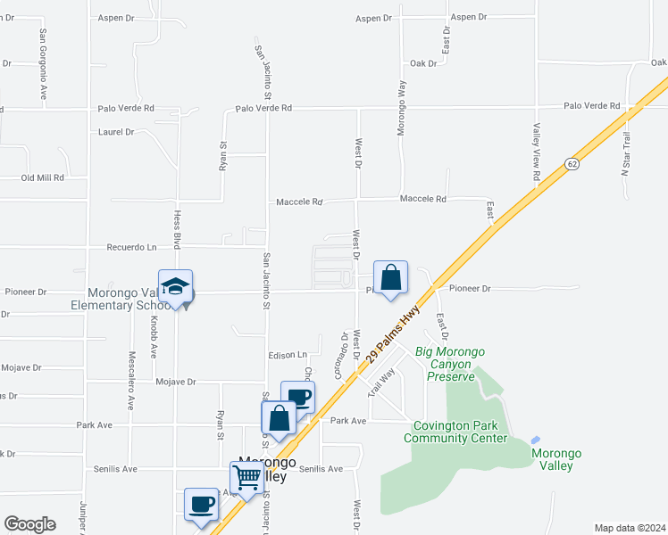 map of restaurants, bars, coffee shops, grocery stores, and more near 10888 West Drive in Morongo Valley