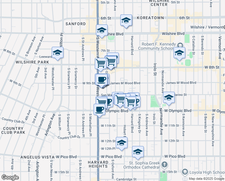 map of restaurants, bars, coffee shops, grocery stores, and more near 940 South Serrano Avenue in Los Angeles