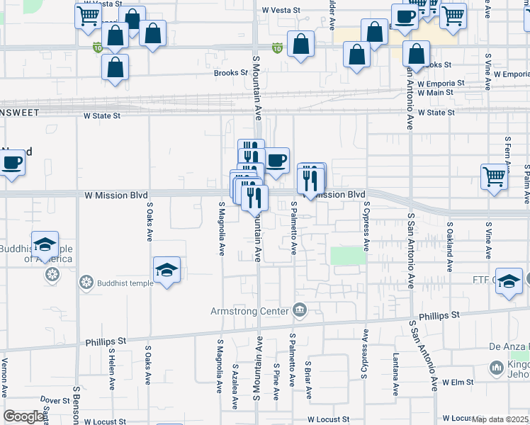 map of restaurants, bars, coffee shops, grocery stores, and more near 829 South Mountain Avenue in Ontario