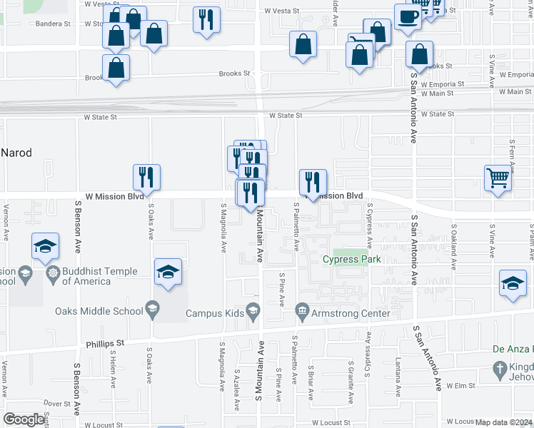 map of restaurants, bars, coffee shops, grocery stores, and more near 829 South Mountain Avenue in Ontario