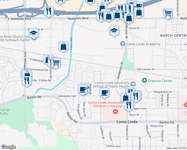 map of restaurants, bars, coffee shops, grocery stores, and more near 10972 Evans Street in Loma Linda
