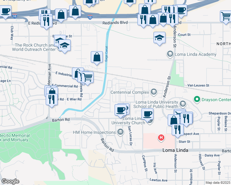 map of restaurants, bars, coffee shops, grocery stores, and more near 10972 Rincon Street in Loma Linda
