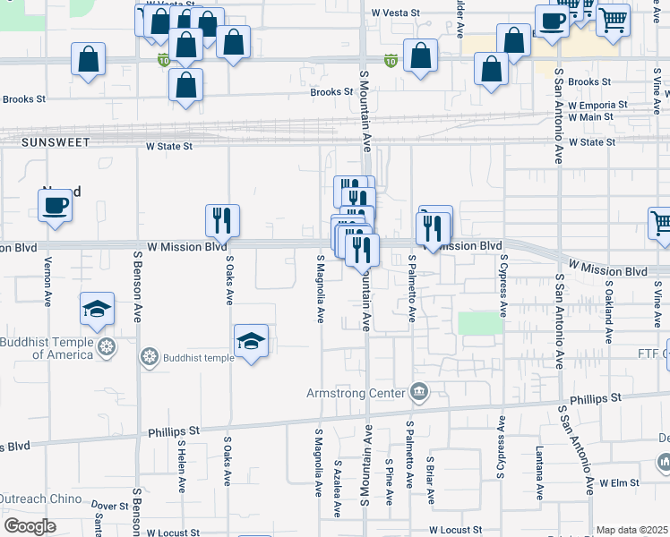 map of restaurants, bars, coffee shops, grocery stores, and more near 841 South Magnolia Avenue in Ontario