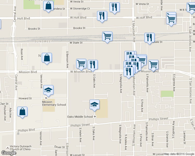 map of restaurants, bars, coffee shops, grocery stores, and more near 844 South Oaks Avenue in Ontario