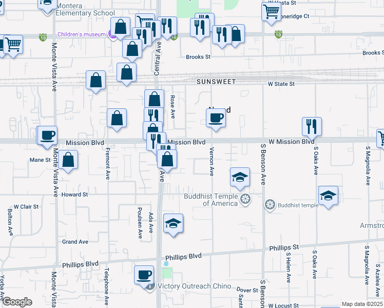 map of restaurants, bars, coffee shops, grocery stores, and more near 10974 Gala Lane in Ontario