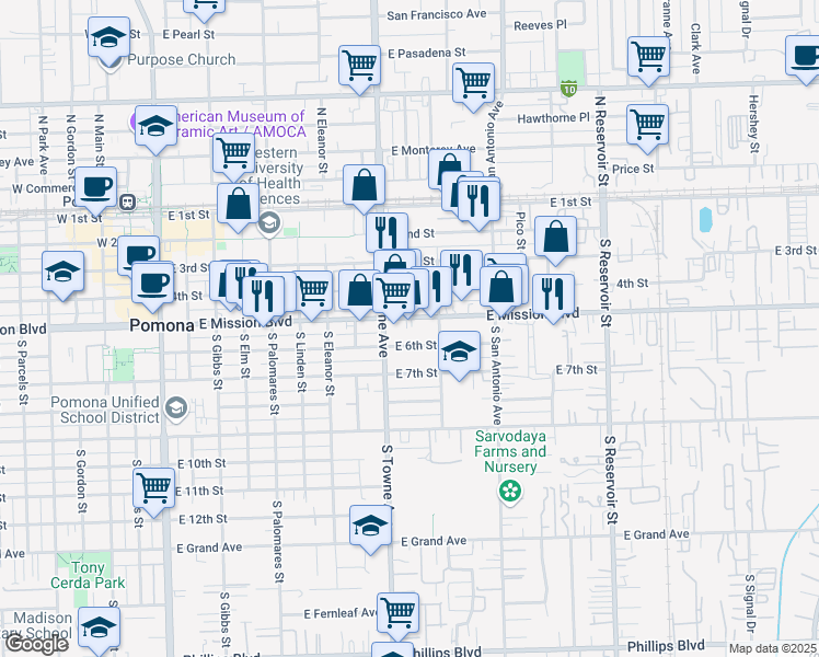 map of restaurants, bars, coffee shops, grocery stores, and more near 815 East 6th Street in Pomona