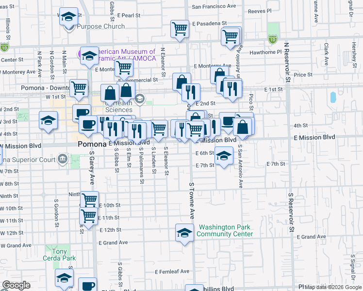 map of restaurants, bars, coffee shops, grocery stores, and more near 747 East 6th Street in Pomona