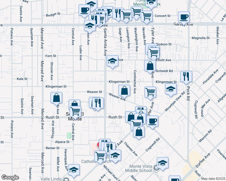 map of restaurants, bars, coffee shops, grocery stores, and more near 2300 Granada Avenue in South El Monte