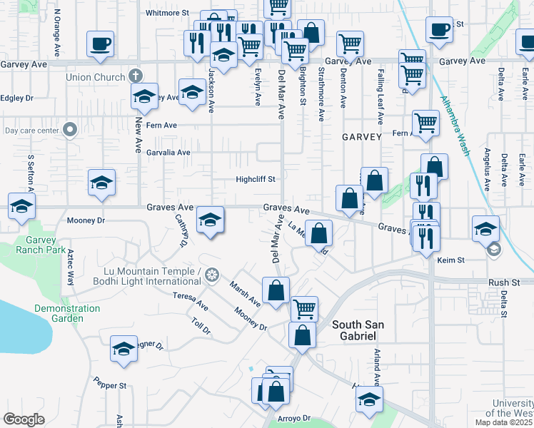 map of restaurants, bars, coffee shops, grocery stores, and more near 7712 Graves Avenue in Rosemead