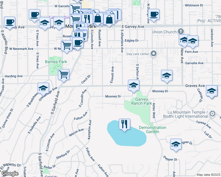 map of restaurants, bars, coffee shops, grocery stores, and more near 319 Mooney Drive in Monterey Park