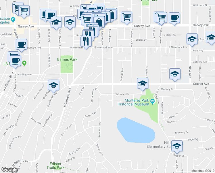 map of restaurants, bars, coffee shops, grocery stores, and more near 215 Mooney Drive in Monterey Park