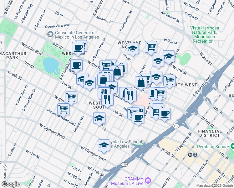 map of restaurants, bars, coffee shops, grocery stores, and more near 1500 Wilshire Boulevard in Los Angeles
