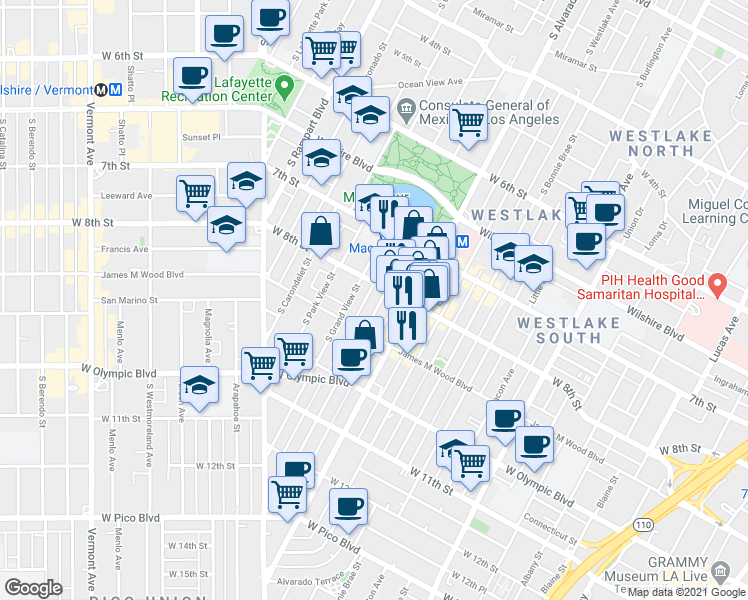 map of restaurants, bars, coffee shops, grocery stores, and more near 830 South Lake Street in Los Angeles