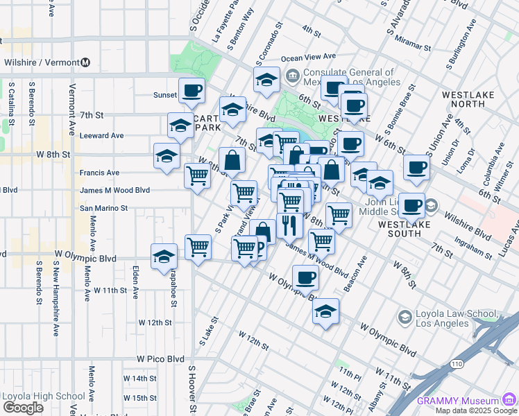 map of restaurants, bars, coffee shops, grocery stores, and more near 830 South Lake Street in Los Angeles