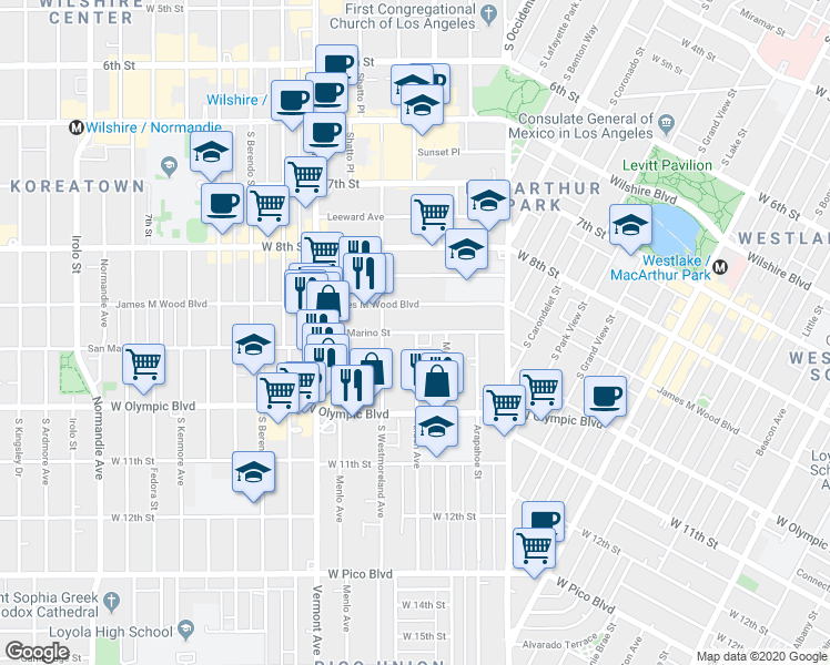 map of restaurants, bars, coffee shops, grocery stores, and more near 936 South Westmoreland Avenue in Los Angeles