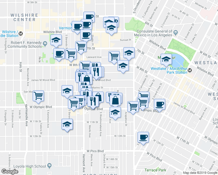 map of restaurants, bars, coffee shops, grocery stores, and more near 936 South Westmoreland Avenue in Los Angeles