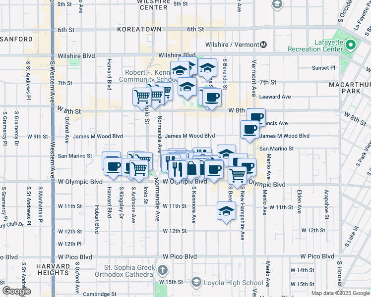 map of restaurants, bars, coffee shops, grocery stores, and more near 3096 San Marino Street in Los Angeles