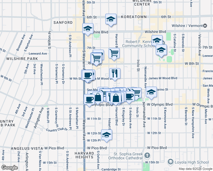 map of restaurants, bars, coffee shops, grocery stores, and more near 938 South Hobart Boulevard in Los Angeles