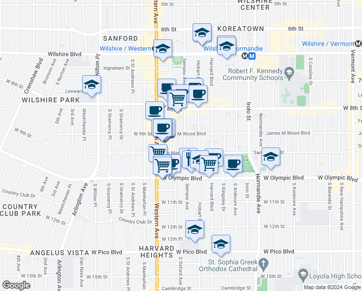 map of restaurants, bars, coffee shops, grocery stores, and more near 940 South Serrano Avenue in Los Angeles