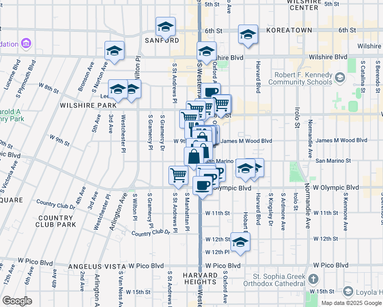 map of restaurants, bars, coffee shops, grocery stores, and more near 939 South Western Avenue in Los Angeles