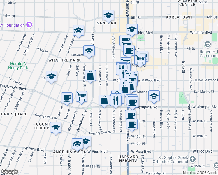 map of restaurants, bars, coffee shops, grocery stores, and more near 939 South Gramercy Place in Los Angeles