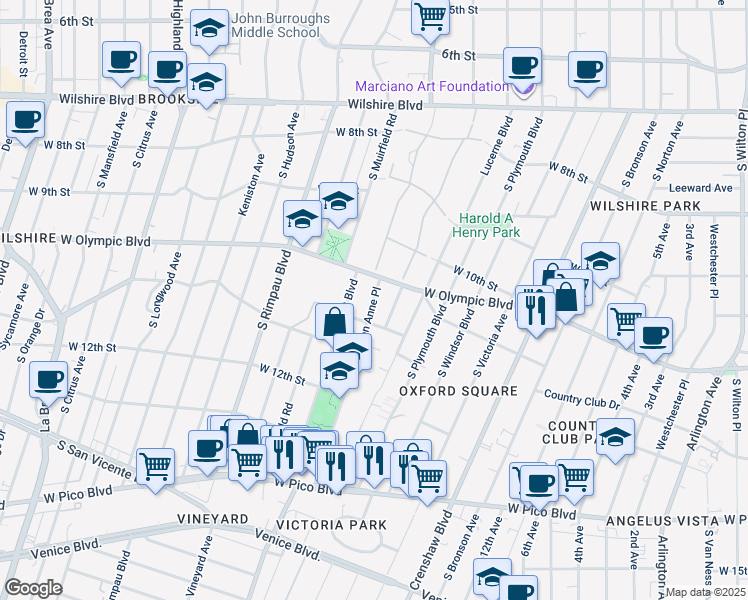 map of restaurants, bars, coffee shops, grocery stores, and more near 1089 Queen Anne Place in Los Angeles