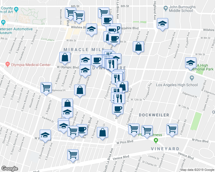 map of restaurants, bars, coffee shops, grocery stores, and more near 1098 South Sycamore Avenue in Los Angeles