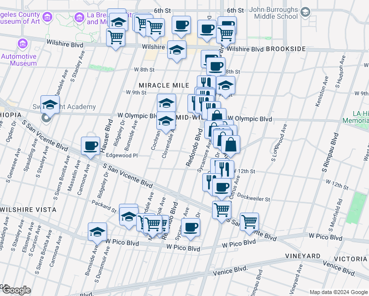 map of restaurants, bars, coffee shops, grocery stores, and more near 1101 South Redondo Boulevard in Los Angeles