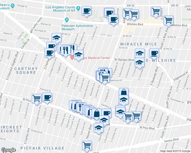 map of restaurants, bars, coffee shops, grocery stores, and more near 5669 West San Vicente Boulevard in Los Angeles